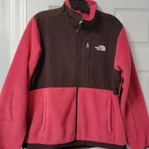 The North Face Pink and Brown Ski Jacket with Color-Block Design